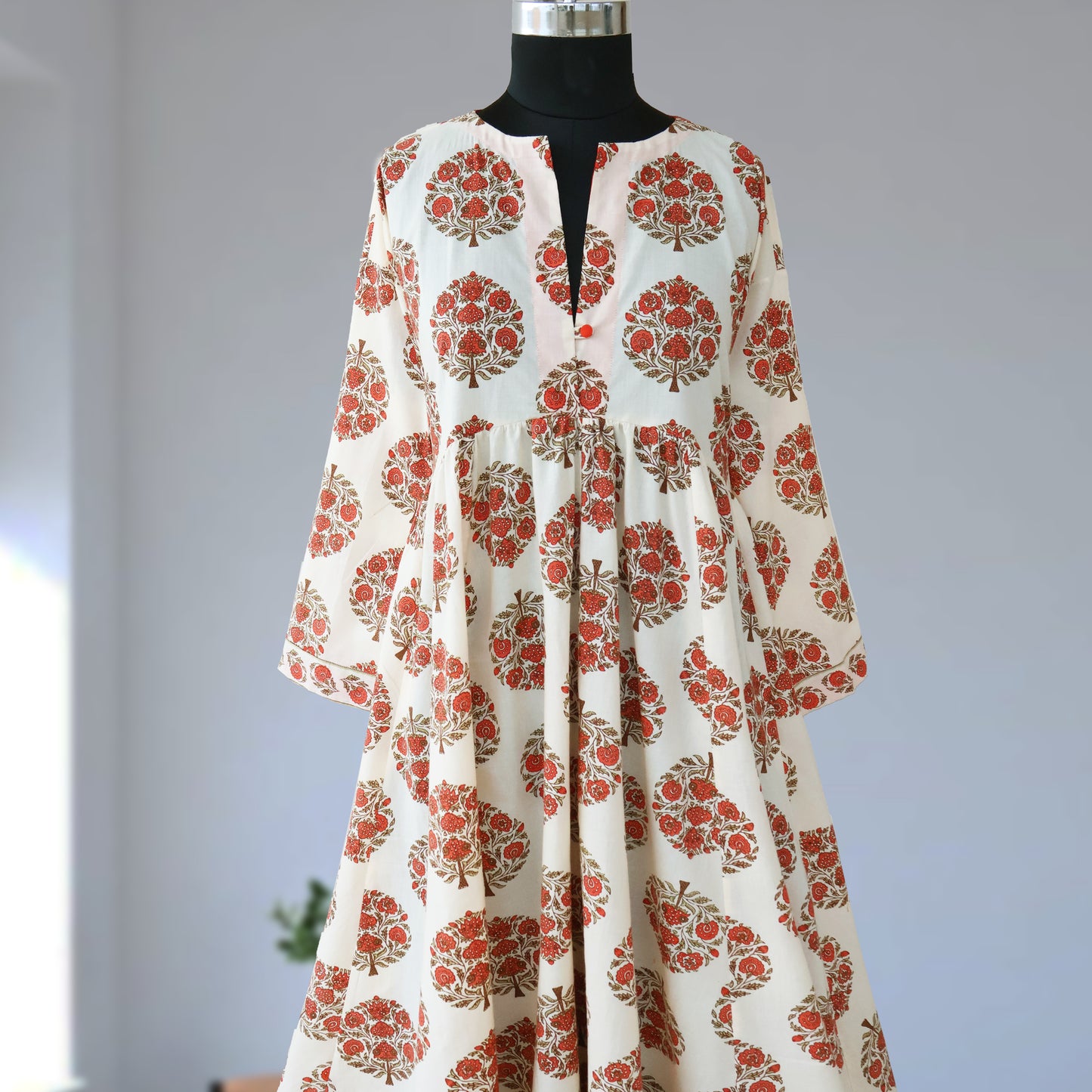 DEVIKA prt Block Printed Pure Cotton Women Long Flared Kurta Tunic Dress
