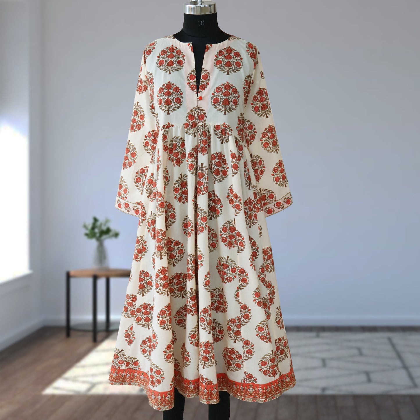 DEVIKA prt Block Printed Pure Cotton Women Long Flared Kurta Tunic Dress