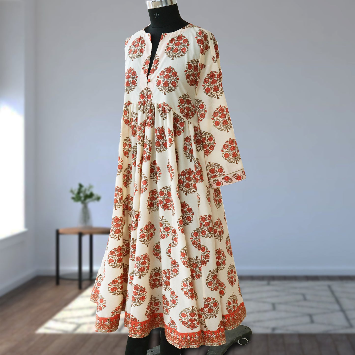 DEVIKA prt Block Printed Pure Cotton Women Long Flared Kurta Tunic Dress