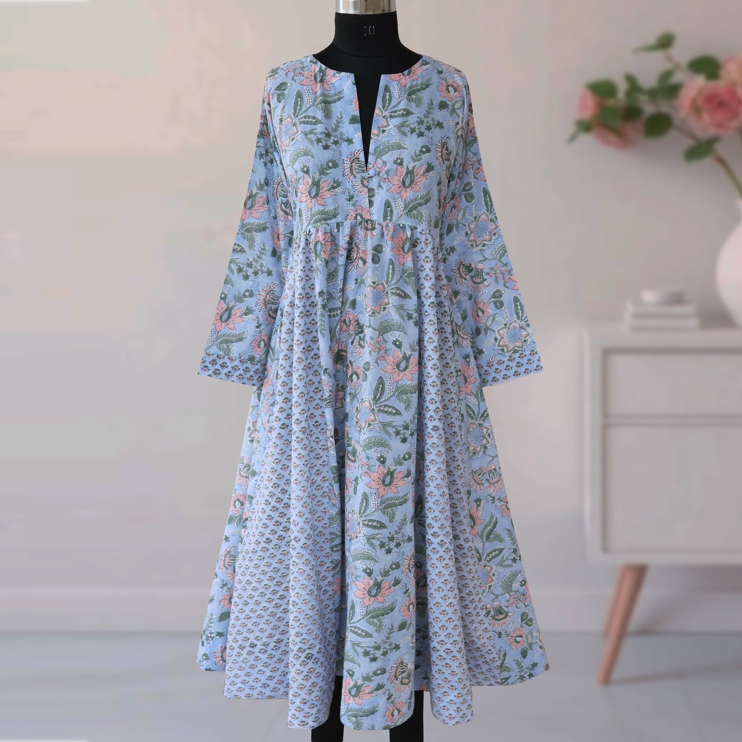 DIVYA prt Block Printed Pure Cotton Women Long Flared Kurta Tunic Dress