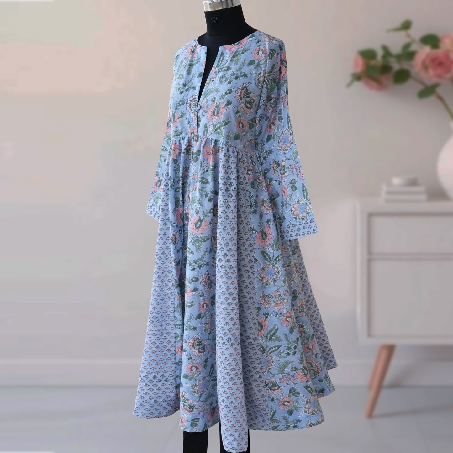 DIVYA prt Block Printed Pure Cotton Women Long Flared Kurta Tunic Dress