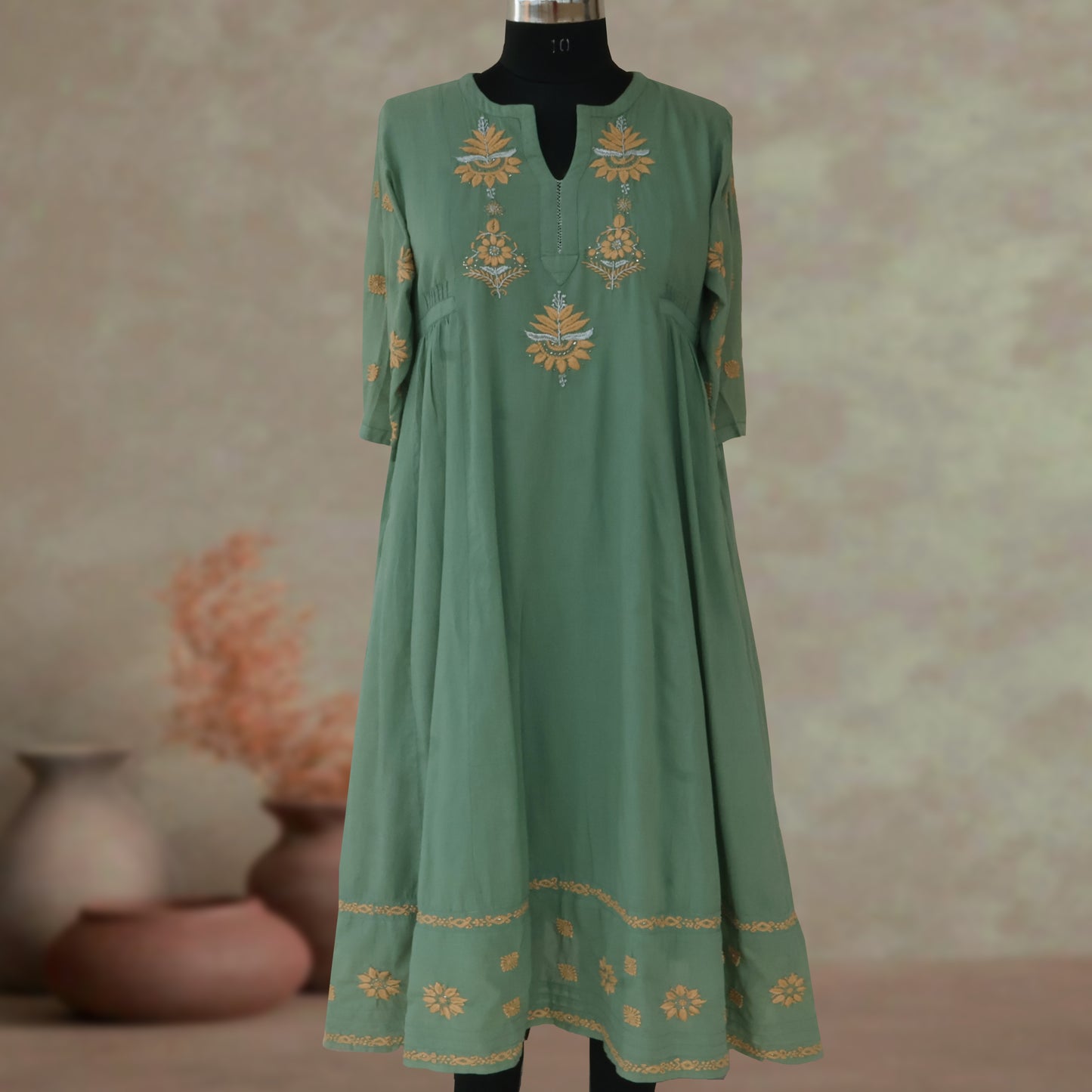 BAANI Pure Cotton, Hand Embroidery/ Chikankari Women Long Flared Dress