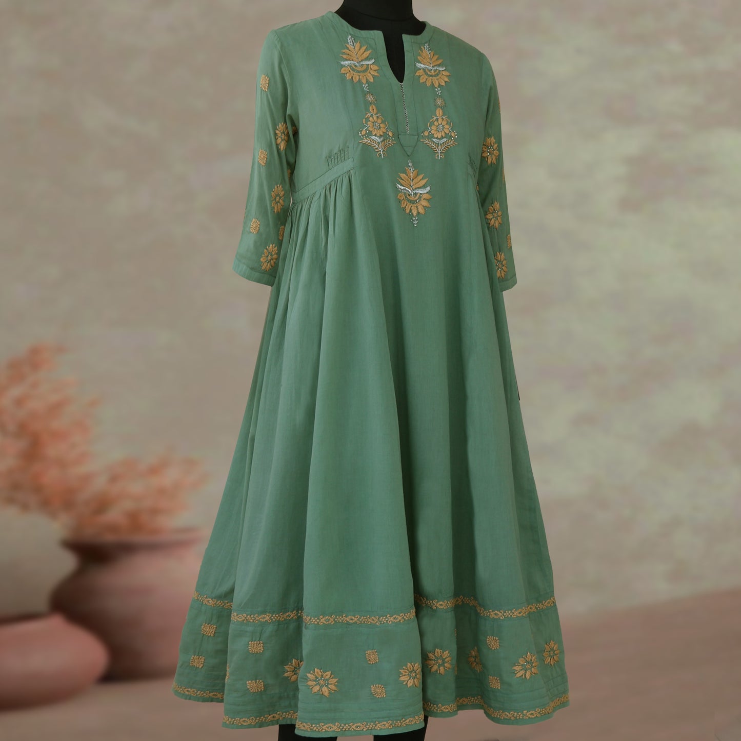 BAANI Pure Cotton, Hand Embroidery/ Chikankari Women Long Flared Dress