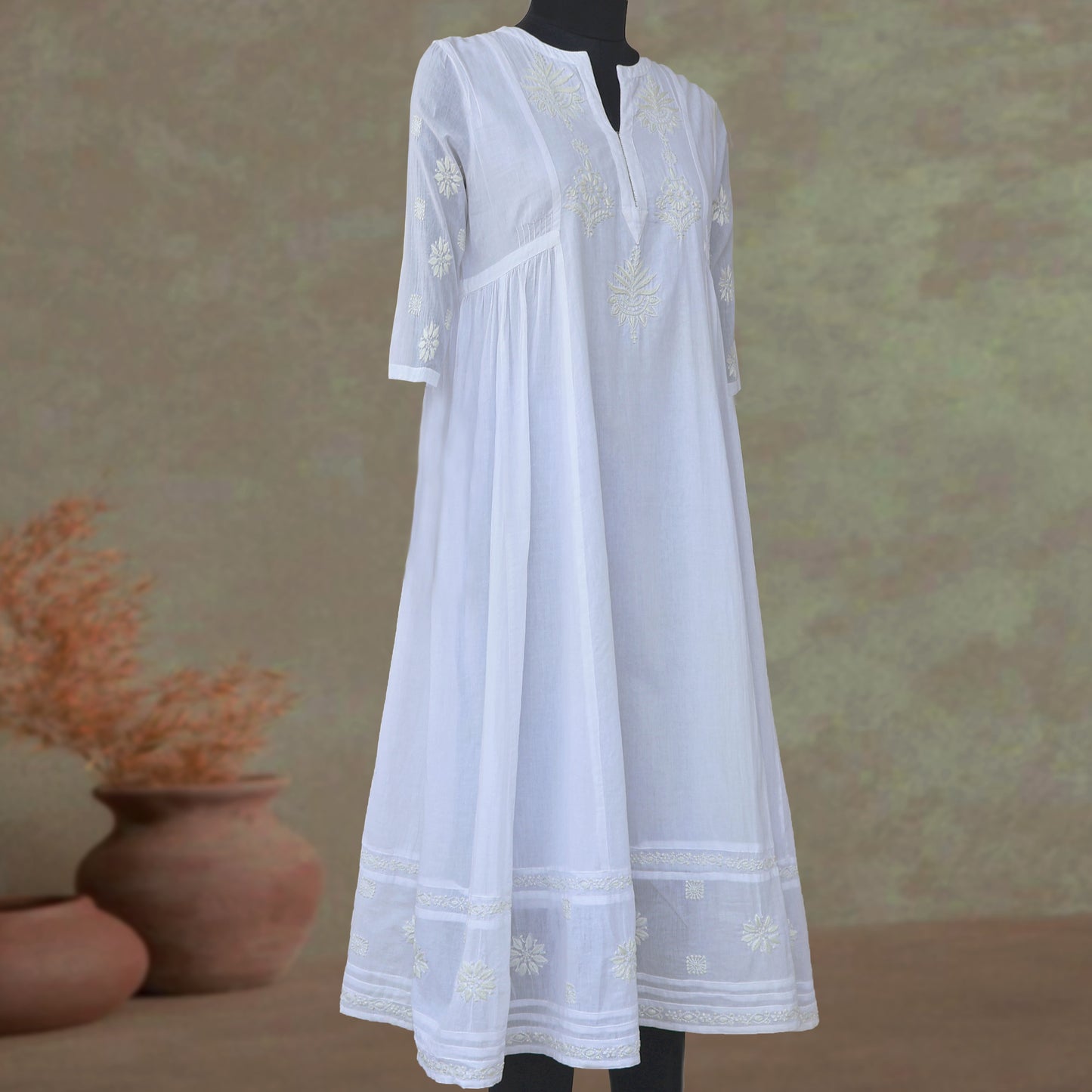 BAANI Pure Cotton, Hand Embroidery/ Chikankari Women Long Flared Dress