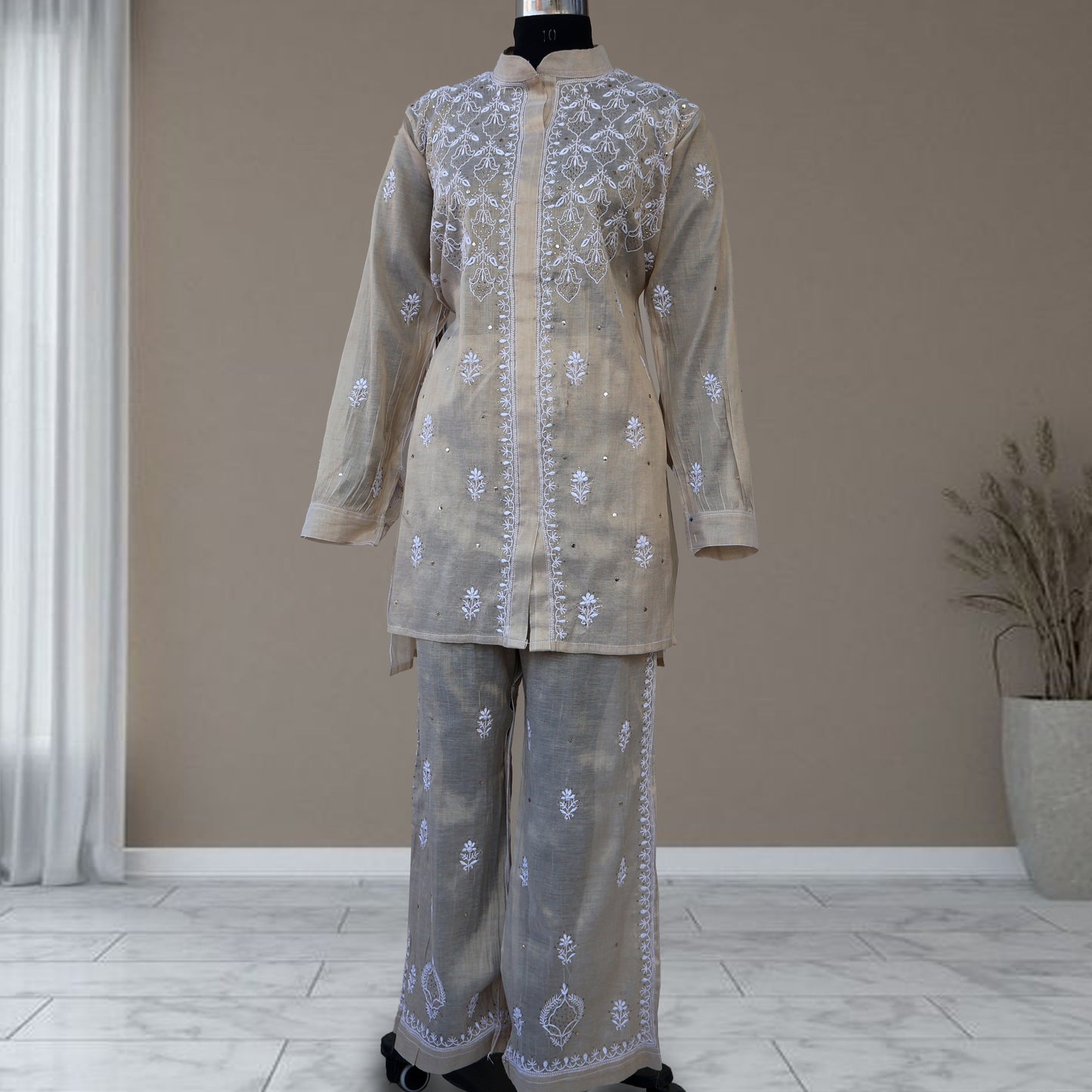 Vaikhya Tissue fabric Embroidered/Chikankari Unstitched Cord Set; Made to Order/ Customizable