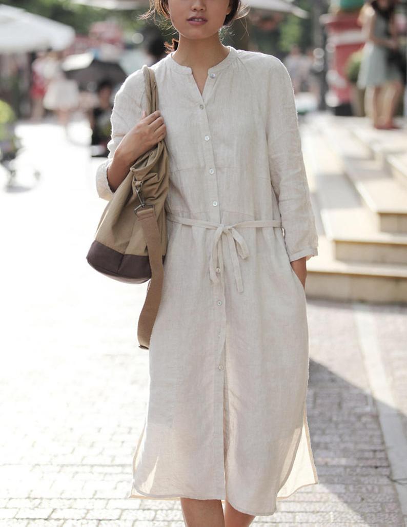 ALISHA_LC Pure Cotton Front Button and Waist Tie Shirt Dress: Linen-Cotton 65/35