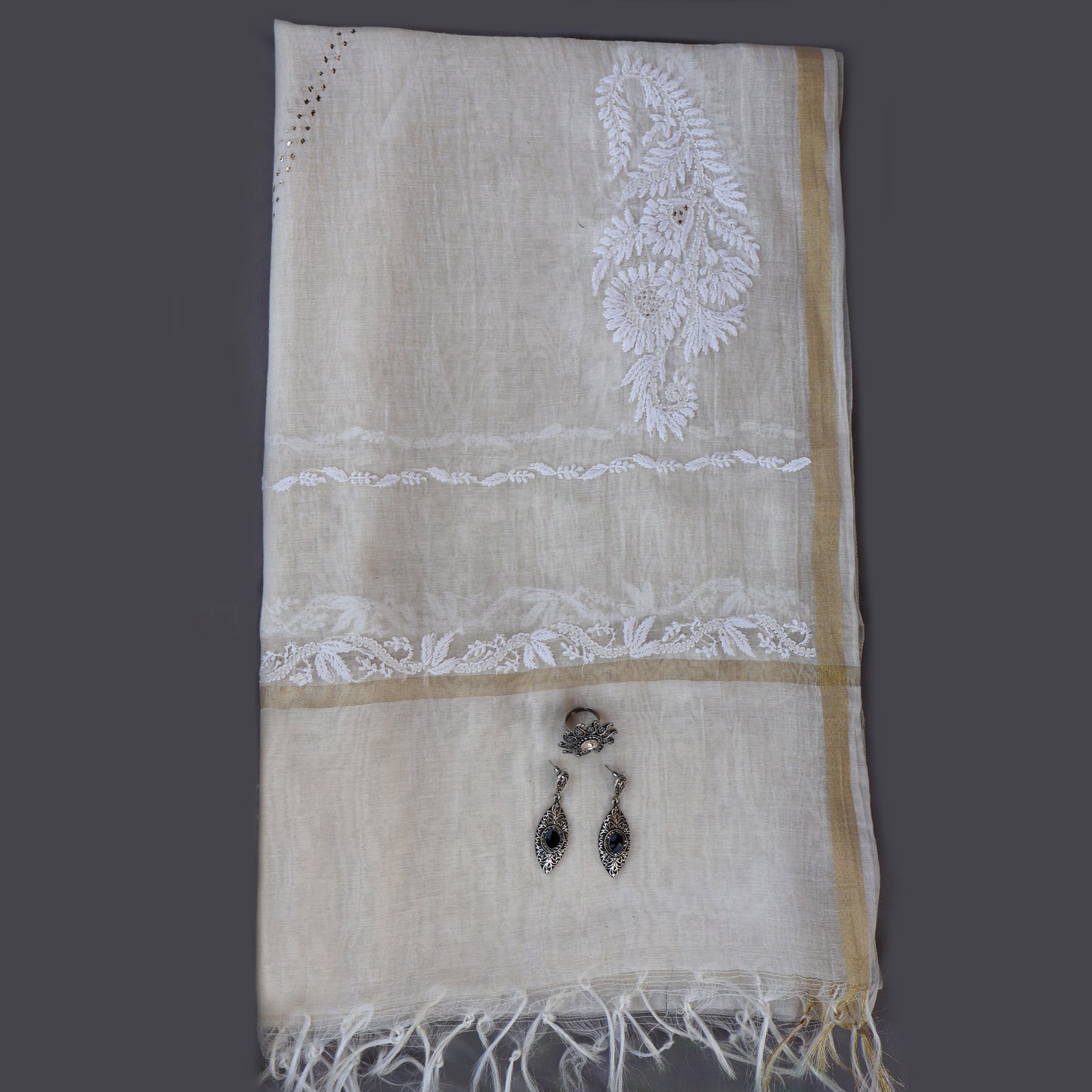 Chanderi Dupatta Hand Embroidery/ Chikankari with Mukaish work