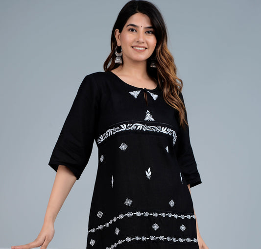 ANNA Linen Cotton Long Kurta/tunic with hand embroidered Chikankari