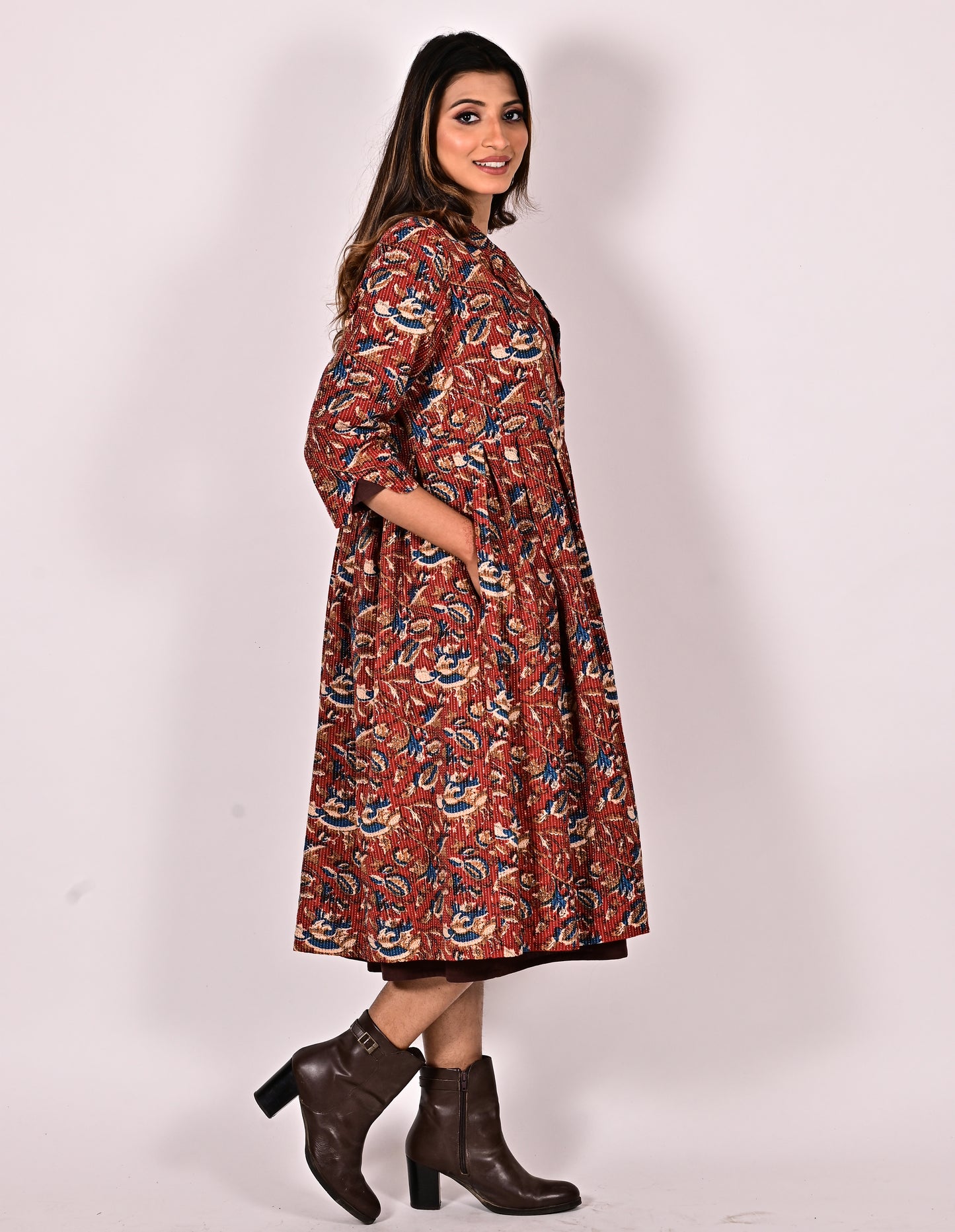 KALI Pure Cotton Block Printed Long Overcoat/Jacket with Cotswool Inner Fabric