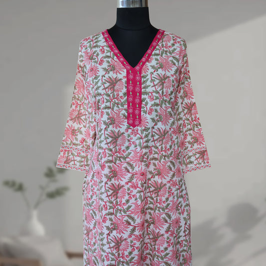 ERICA Block Printed Cotton Hand Embroidered Kurta