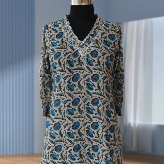 EVONA Chanderi, Printed with Zari Embroidered work Kurta