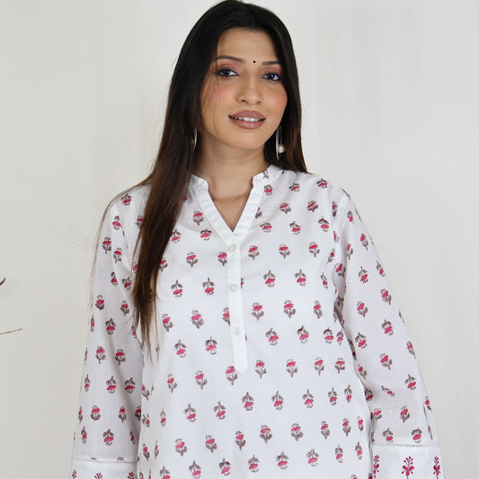 DORA Cotton, Block Print, Hand Embroidery & Lace Work Kurta with Hand Embroidery Pants