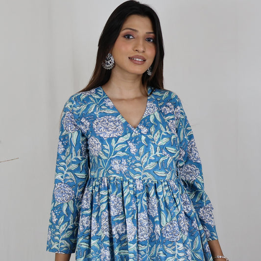 TAANYA Cotton Jaipuri Block Print Angrakha Wrap Top with Side Tie