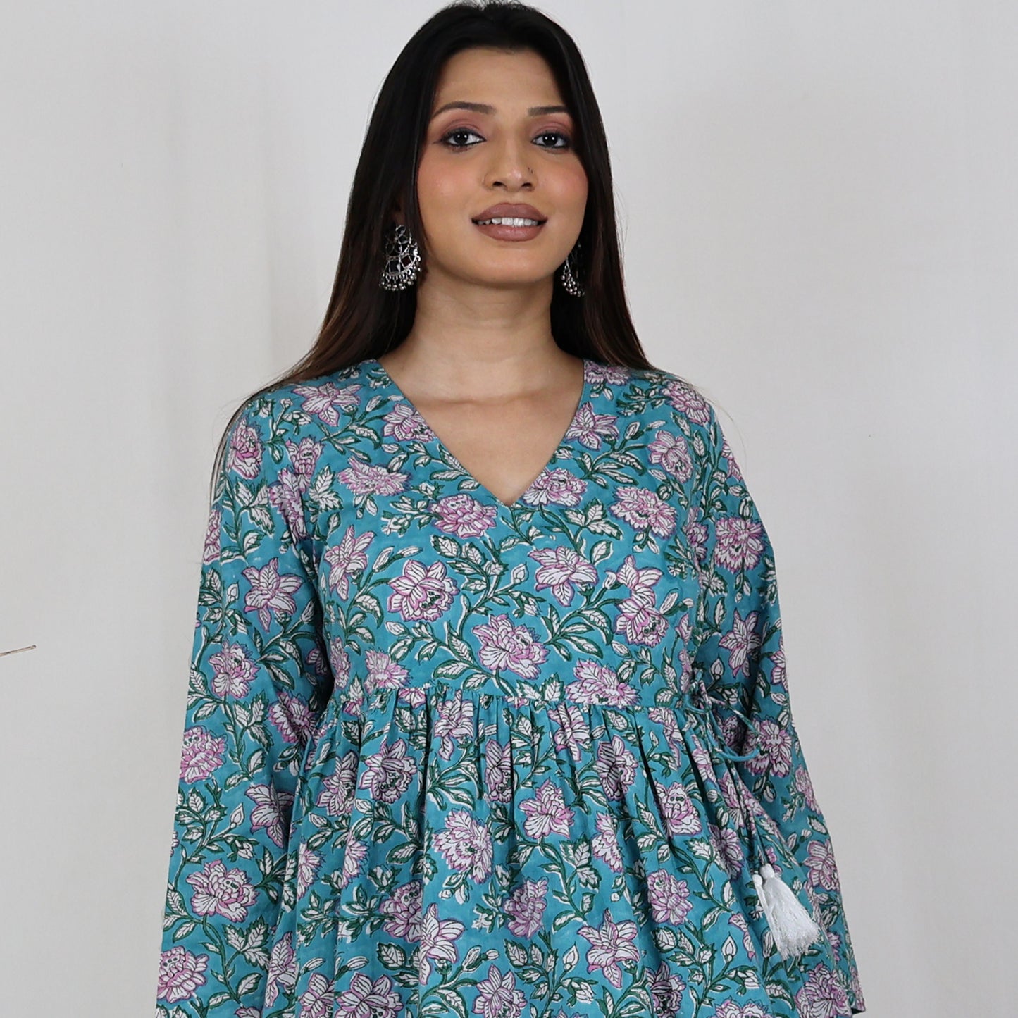 TAANYA Cotton Jaipuri Block Print Angrakha Wrap Top with Side Tie