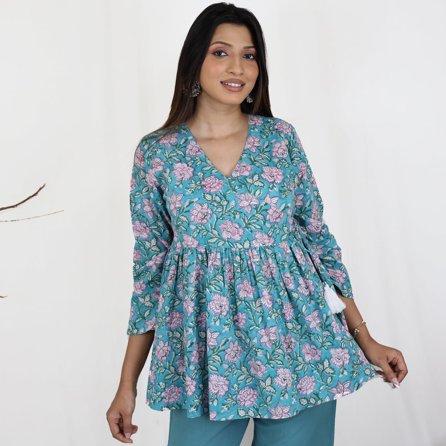 TAANYA Cotton Jaipuri Block Print Angrakha Wrap Top with Side Tie