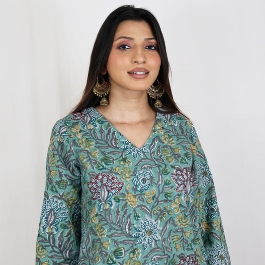 SATYA Pure Cotton, Jaipuri Block Print, Hand Embroidery Kurta with Chitra Pant