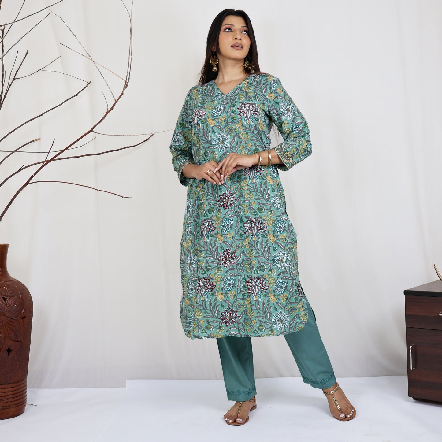 SATYA Pure Cotton, Jaipuri Block Print, Hand Embroidery Kurta with Chitra Pant