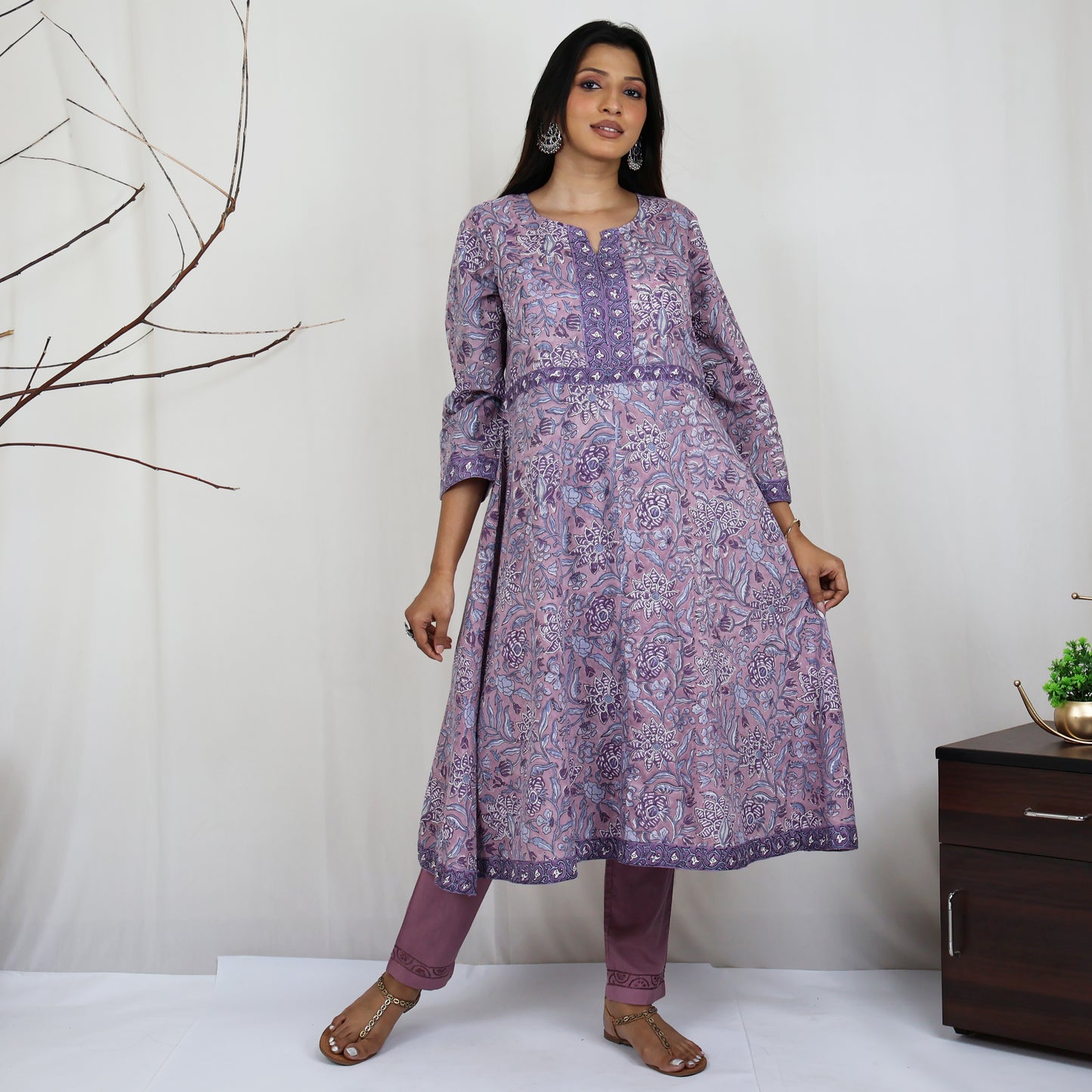 KAAYA Cotton, Jaipuri Block Print with Hand Embroidered Kurta Dress and Pant