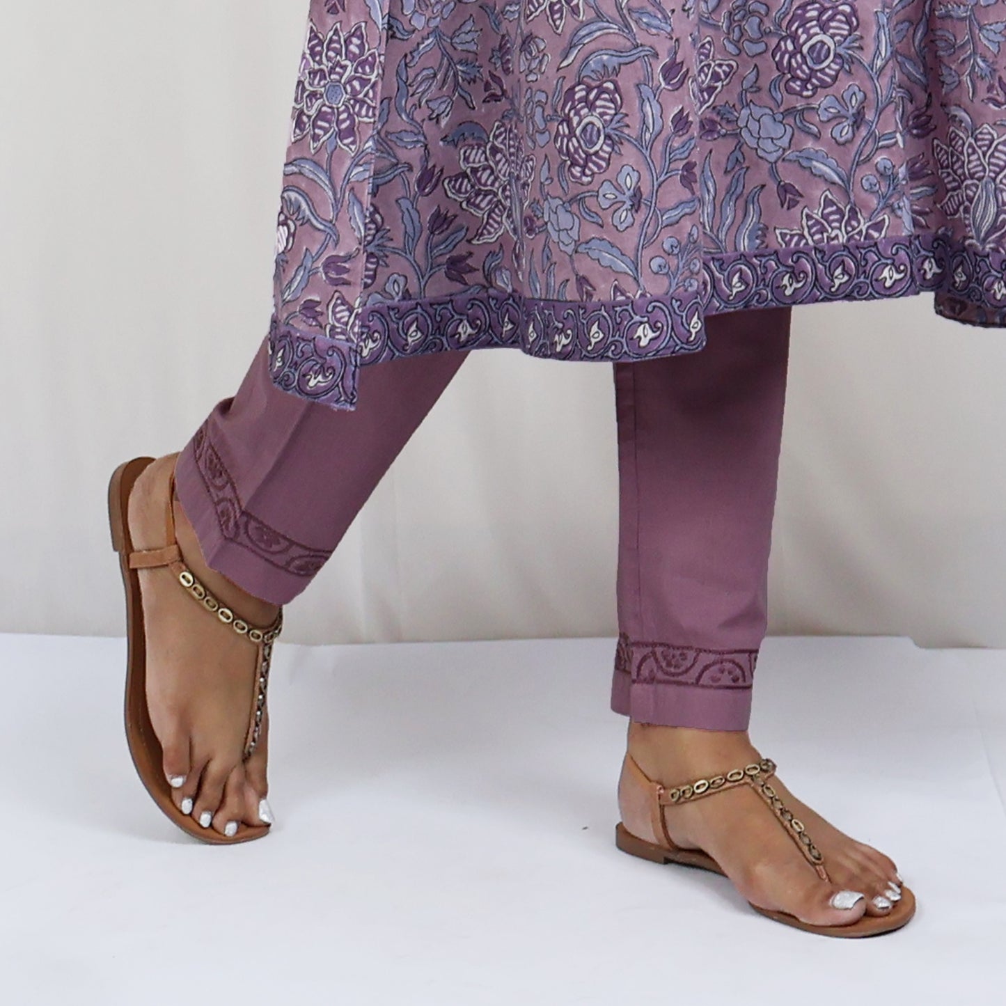 KAAYA Cotton, Jaipuri Block Print with Hand Embroidered Kurta Dress and Pant