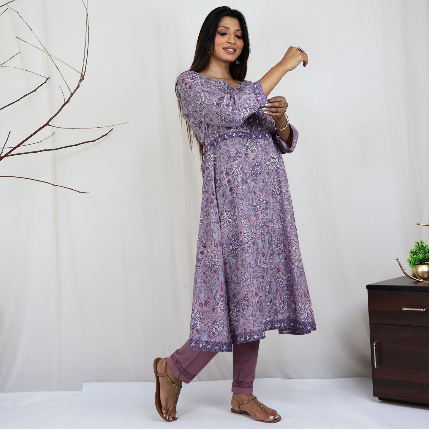 KAAYA Cotton, Jaipuri Block Print with Hand Embroidered Kurta Dress and Pant