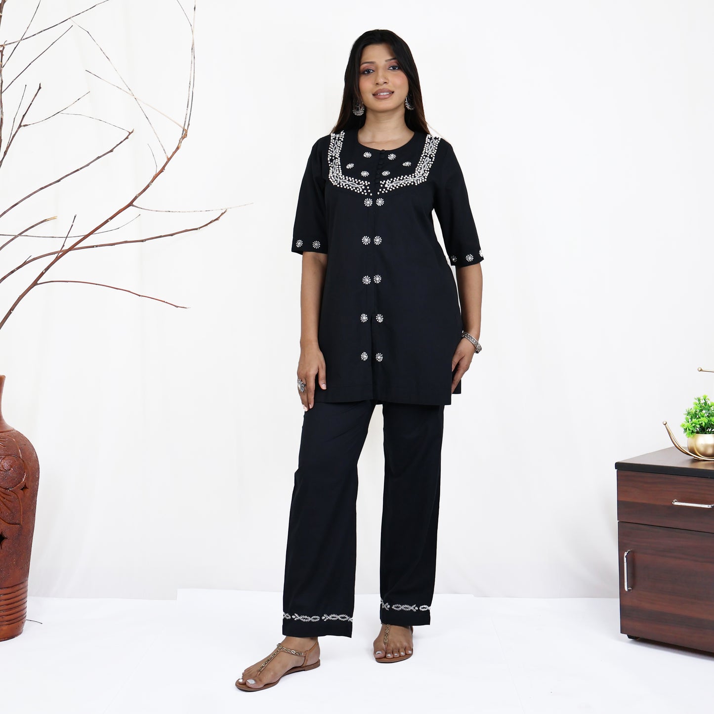 Falguni Black Pure Cotton Round Neck, Pearl Embroidered Kurti Pant set Regular and Plus Sizes