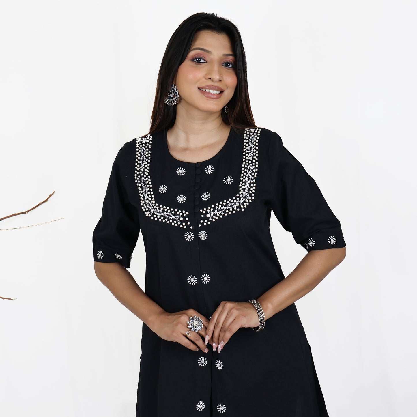 Falguni Black Pure Cotton Round Neck, Pearl Embroidered Kurti Pant set Regular and Plus Sizes