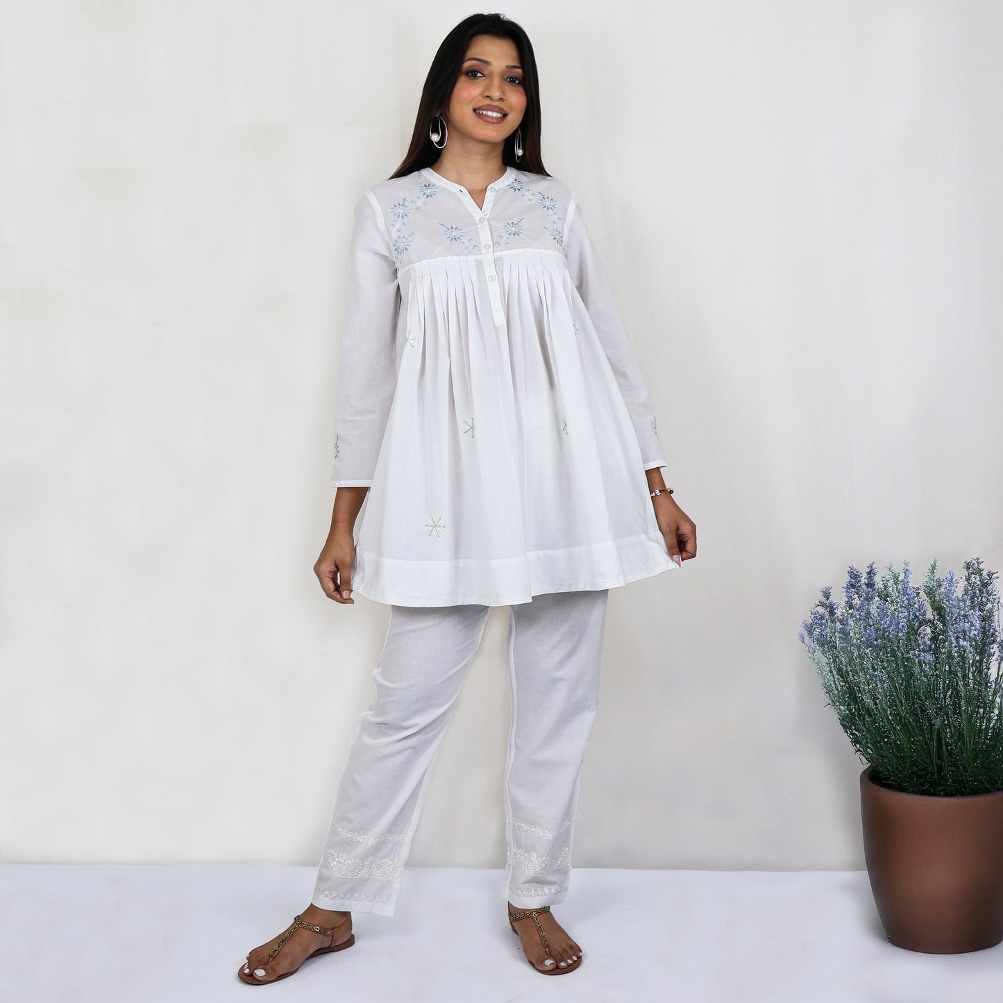 NIMI Pure Cotton Mulmul Hand Embroidered Kurti Top with Camisole