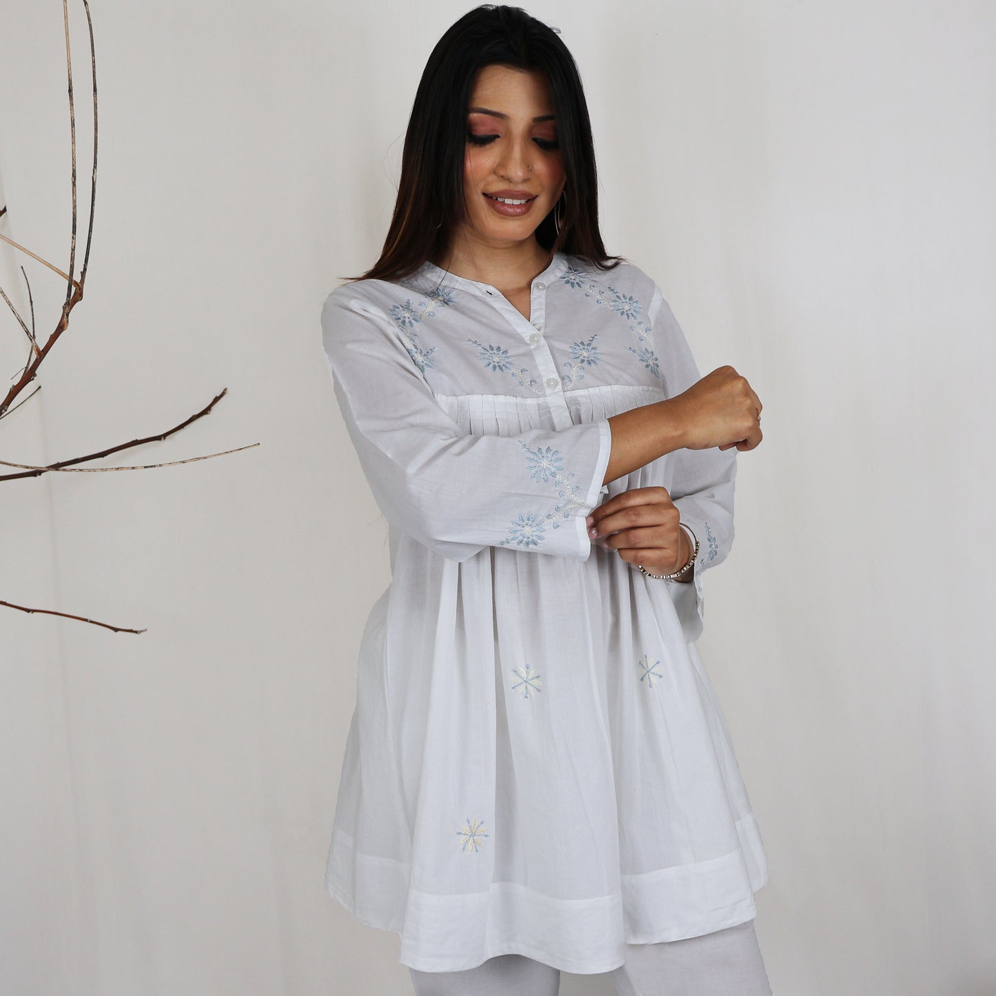 NIMI Pure Cotton Mulmul Hand Embroidered Kurti Top with Camisole