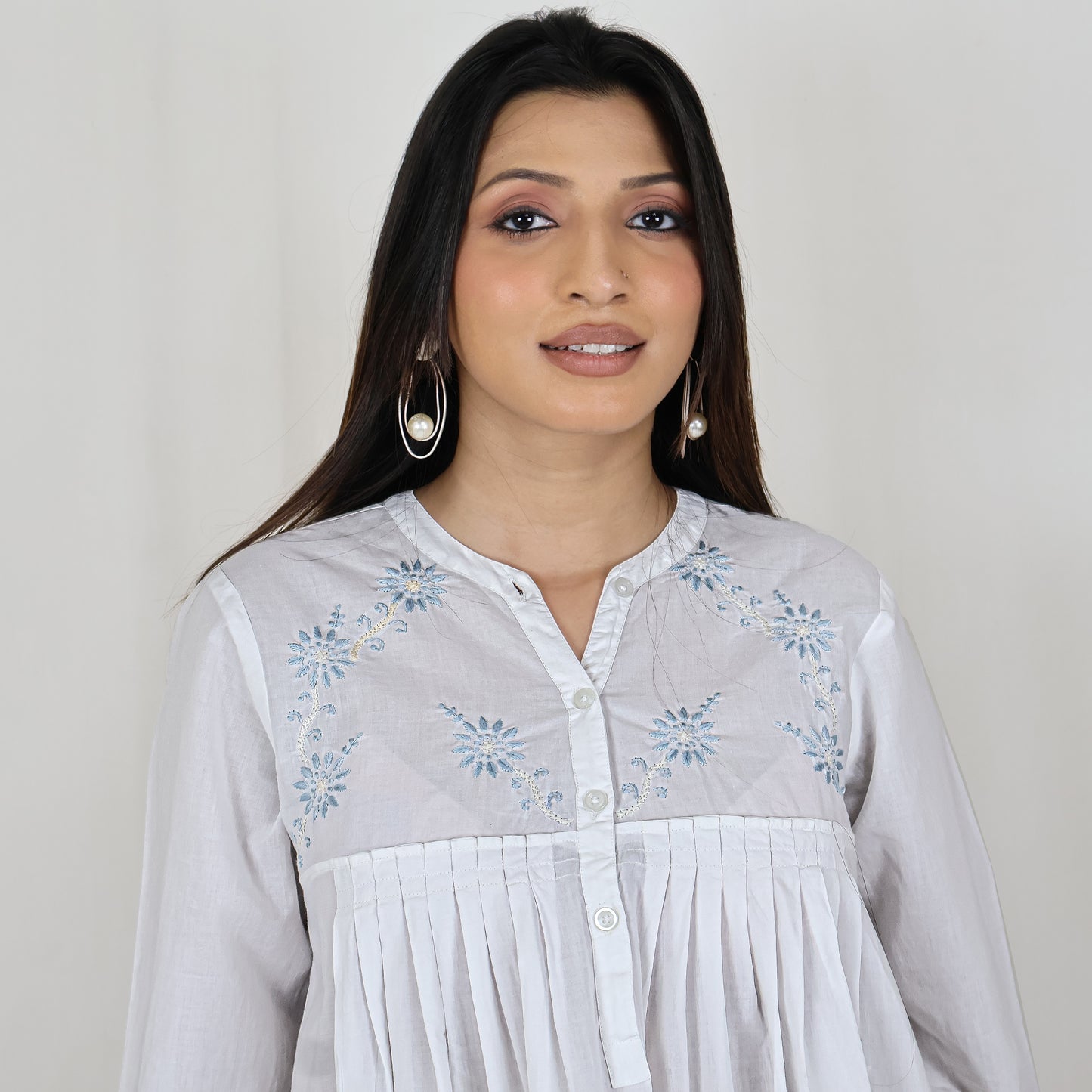 NIMI Pure Cotton Mulmul Hand Embroidered Kurti Top with Camisole