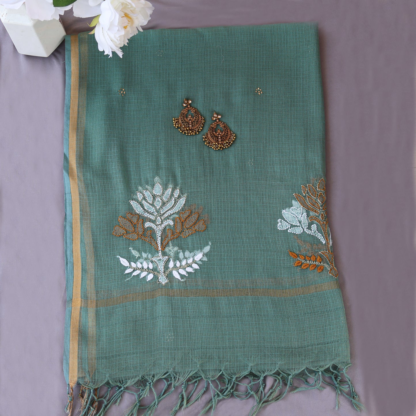 Kota Dupatta Hand Embroidery/Chikan work, Gold Zari with Mukesh