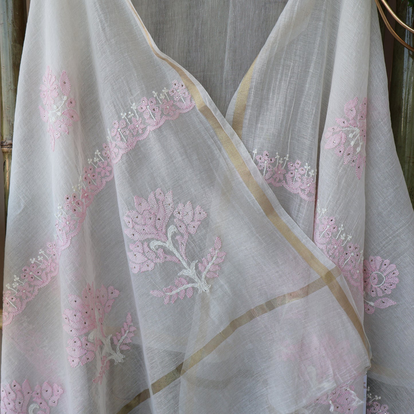 Chanderi Dupatta Hand Embroidery/ Chikankari with Tepchi work