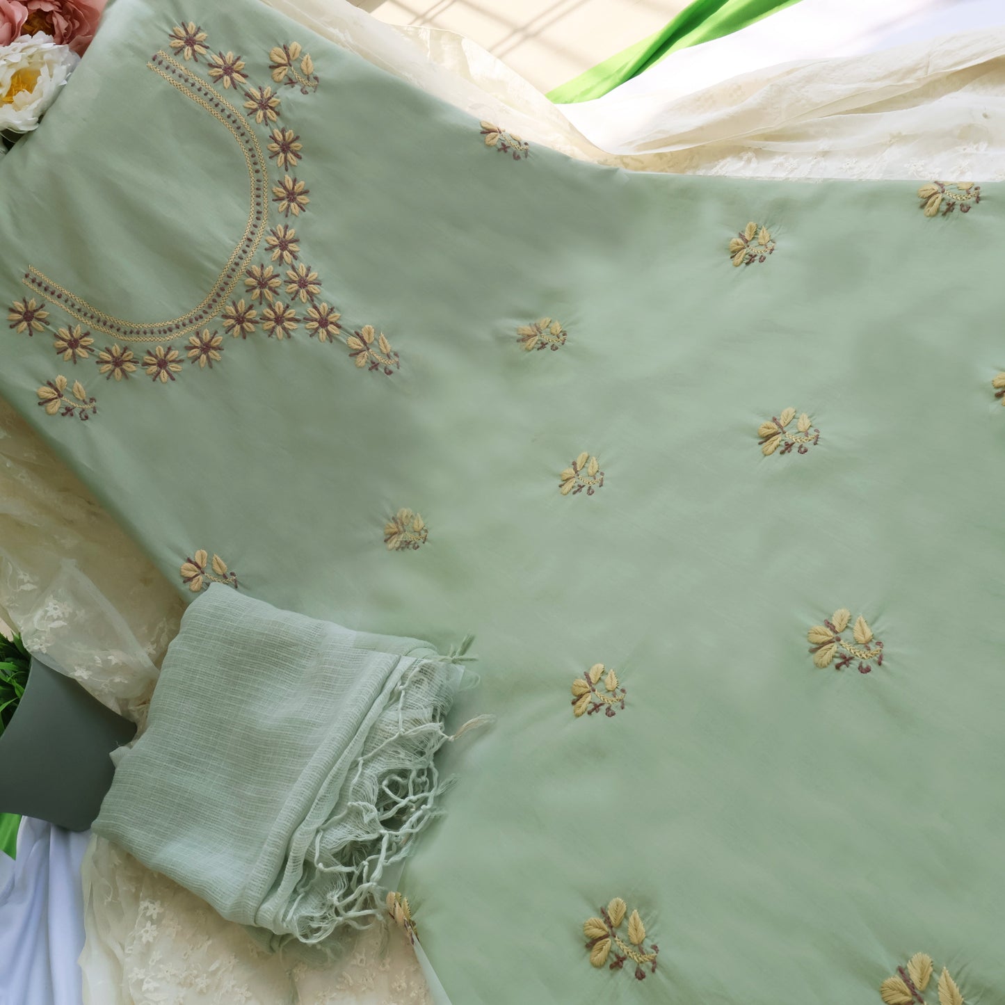 INAYA Pure Cotton Hand Embroidered/Chikankari Unstitched Kurta Set; Made to Order/ Customizable