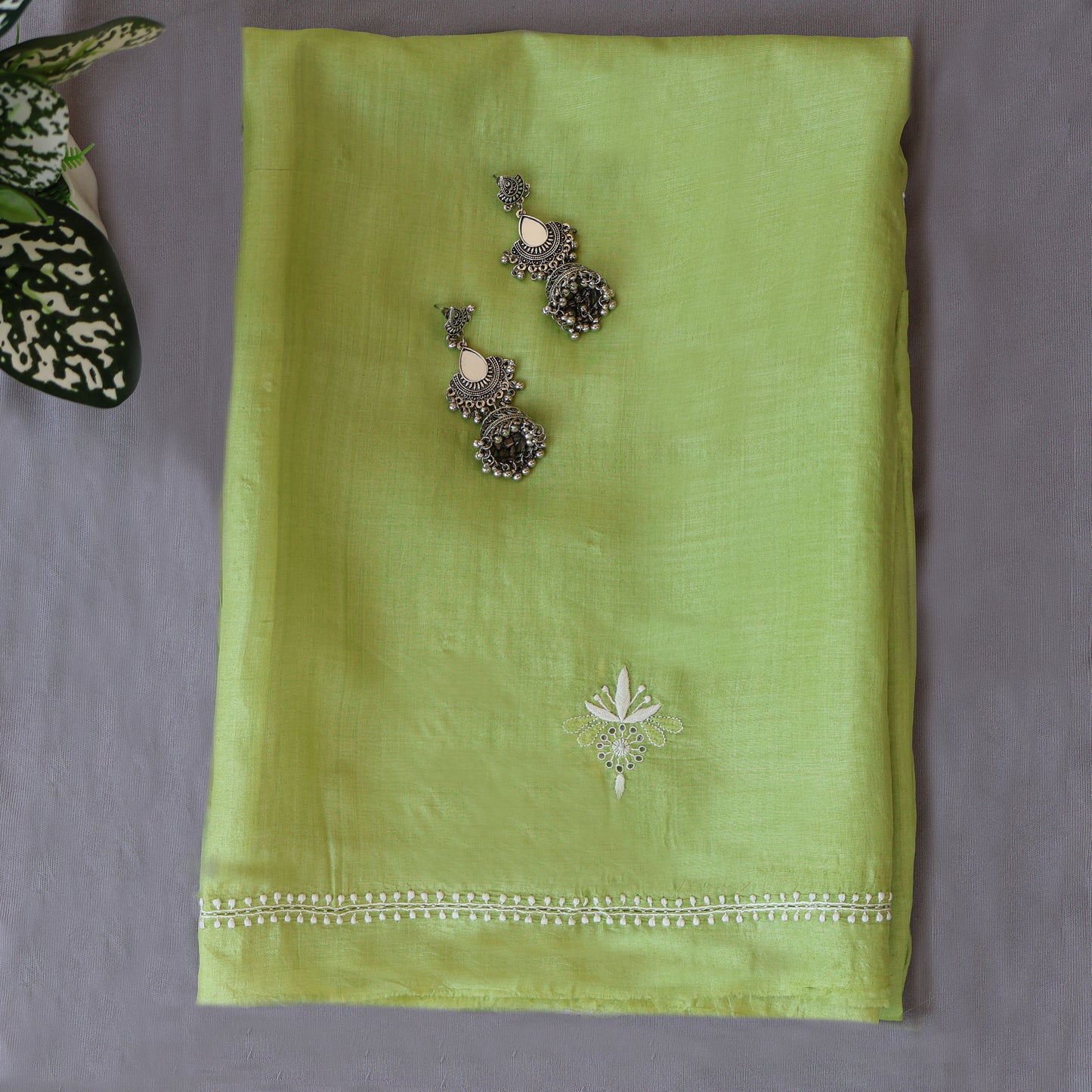 Silk Green Dupatta Hand Embroidered /Chikan work