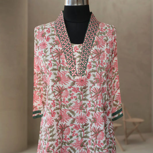 PALLAVI Block Printed Cotton Hand Embroidered Kurta