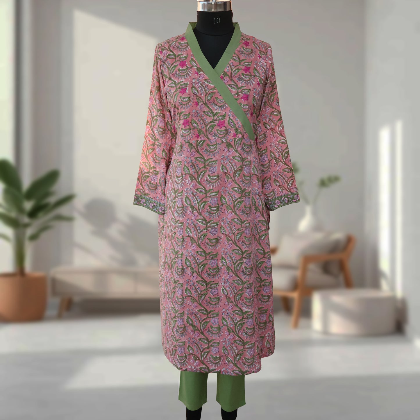 PARI Jaipuri Block Print with Hand Embroidered Kurta Dress and Pant