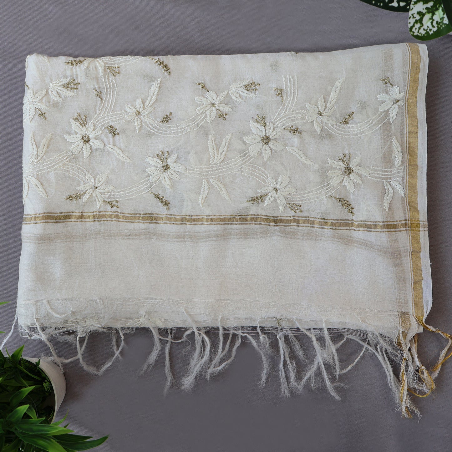 Chanderi Dupatta Hand Embroidery/ Chikankari with Zari work