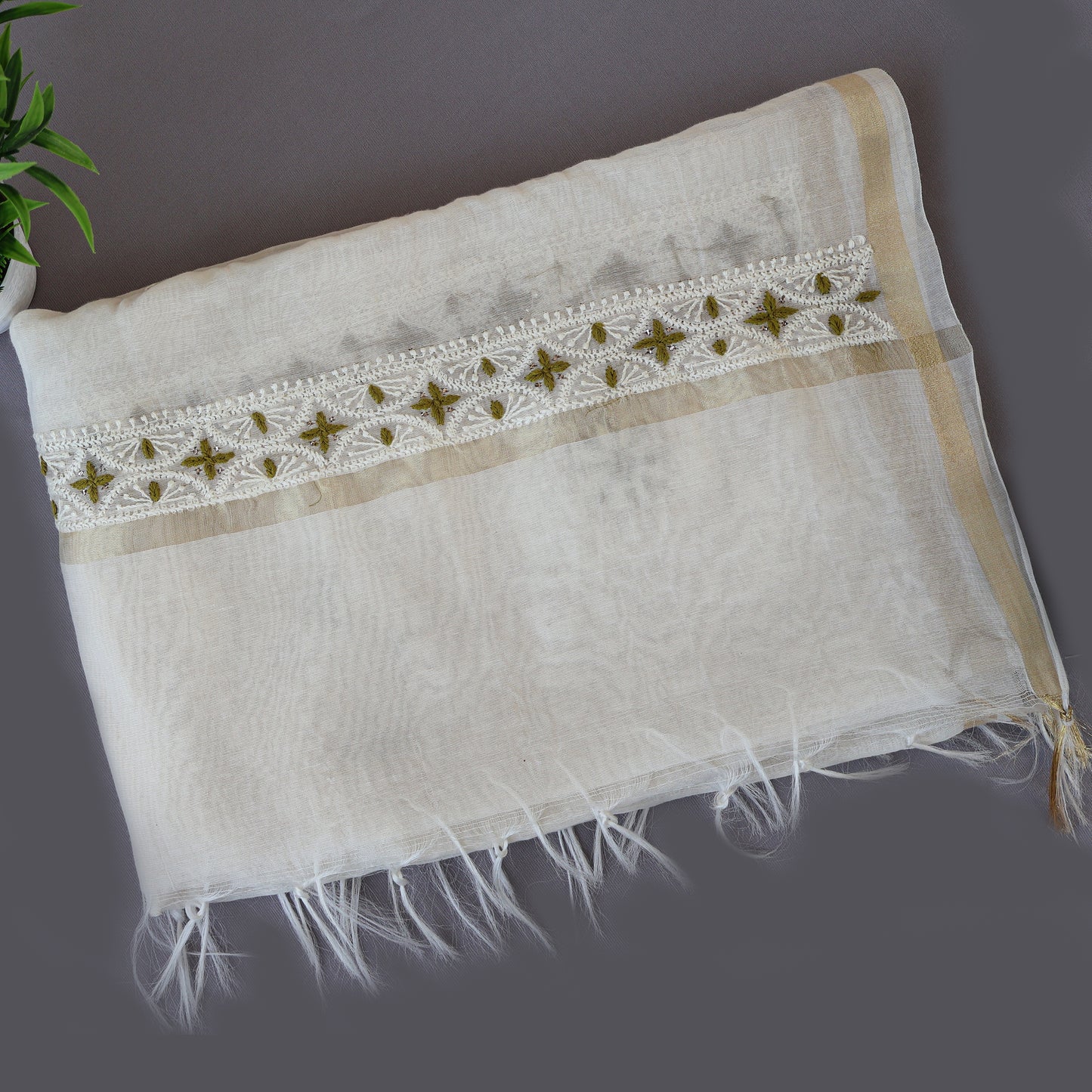 Chanderi Dupatta Hand Embroidery/ Chikankari with Mukaish work