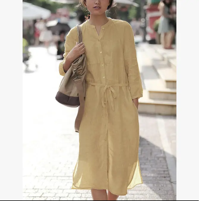 ALISHA_LC Pure Cotton Front Button and Waist Tie Shirt Dress: Linen-Cotton 65/35