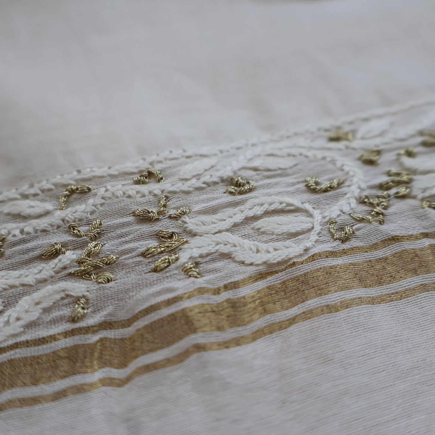 Chanderi Dupatta Hand Embroidery/ Chikankari with Golden Zari work