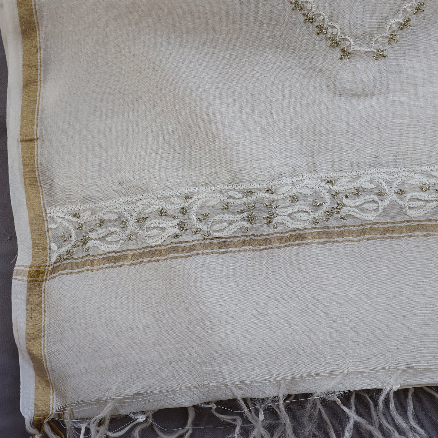 Chanderi Dupatta Hand Embroidery/ Chikankari with Golden Zari work