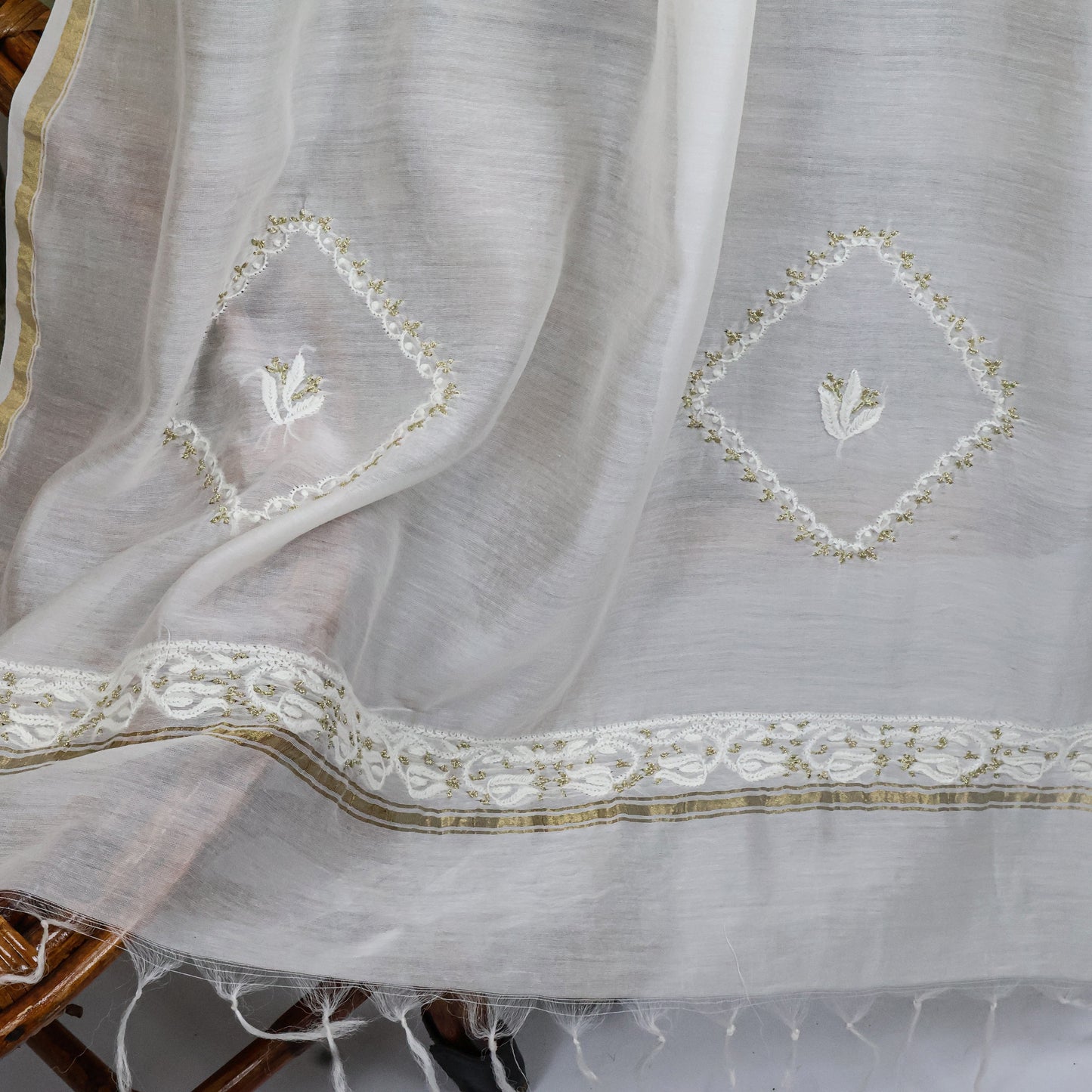 Chanderi Dupatta Hand Embroidery/ Chikankari with Golden Zari work