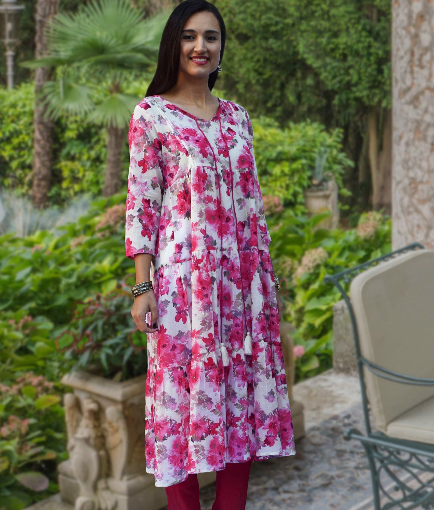 Aira Printed Pure Soft Cotton Tiered Long Tunic Kurta Dress: Regular and Plus Sizes