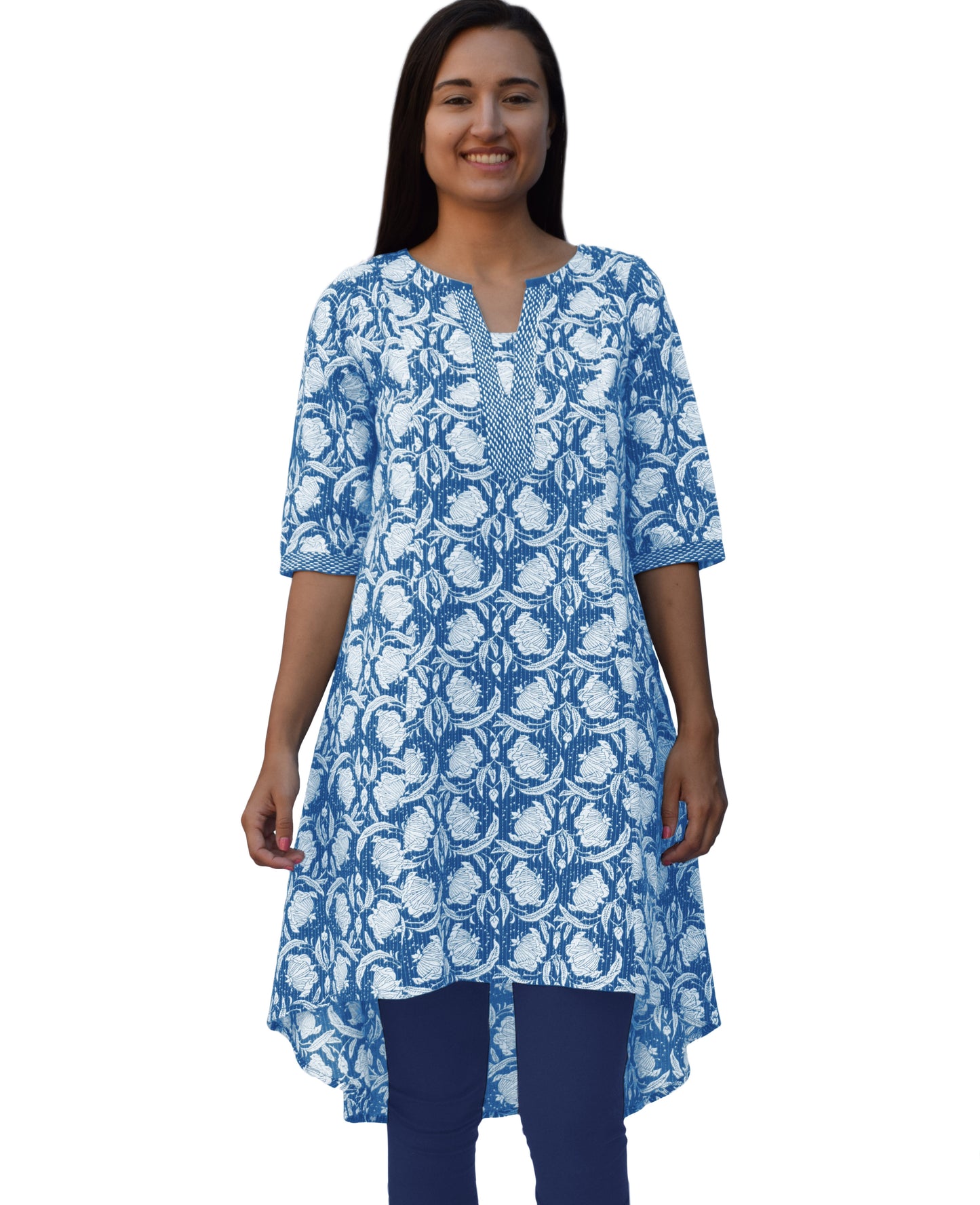 Ara Pure Cotton Embroidered Block Print Style Tunic with High Low Hem