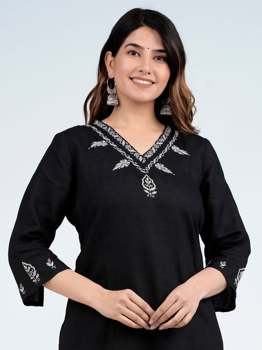 GARVI Linen-Cotton Hand Embroidered Tunic Kurti: Made to Order/Customizable