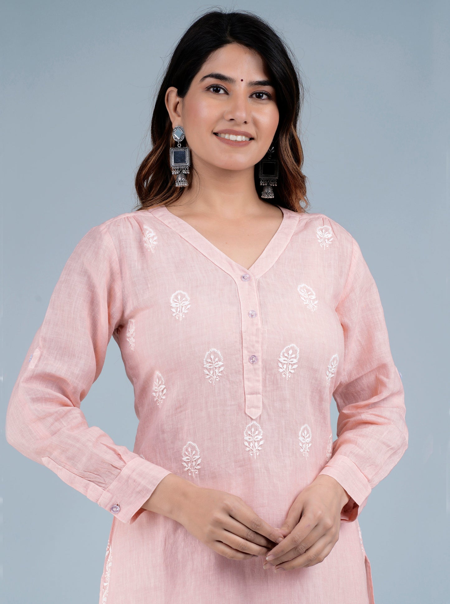 KALAPI Linen-Cotton Hand Embroidered Tunic Kurti: