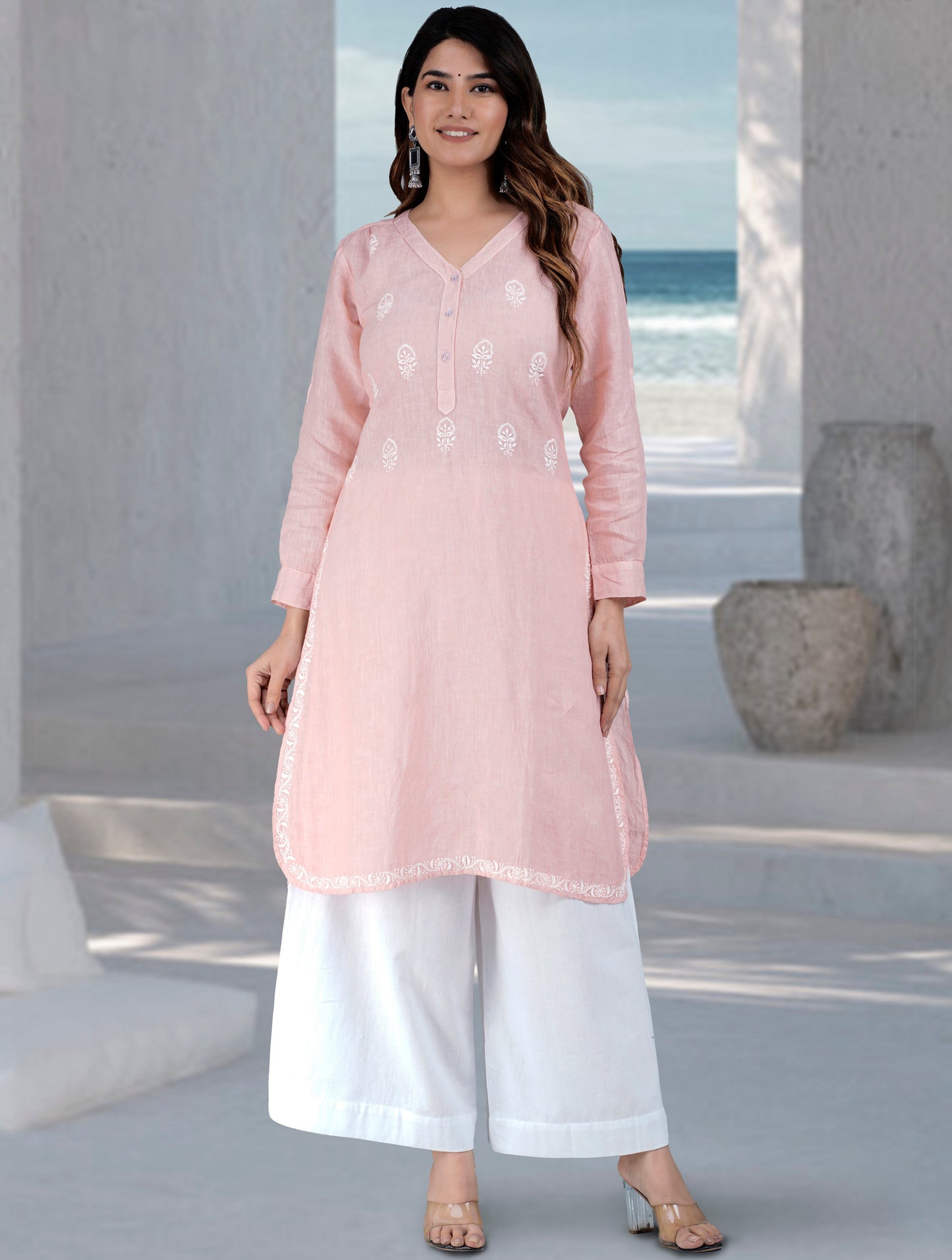 KALAPI Linen-Cotton Hand Embroidered Tunic Kurti: