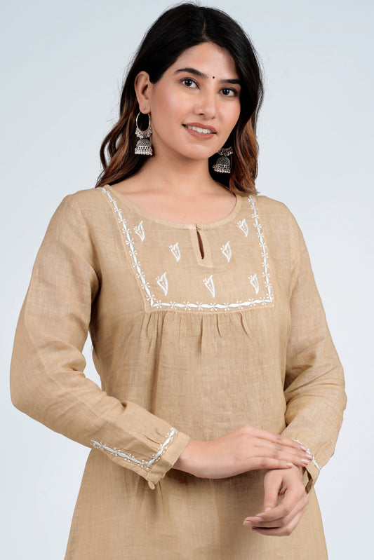 SADHYA Linen-Cotton Hand Embroidered Tunic Kurti